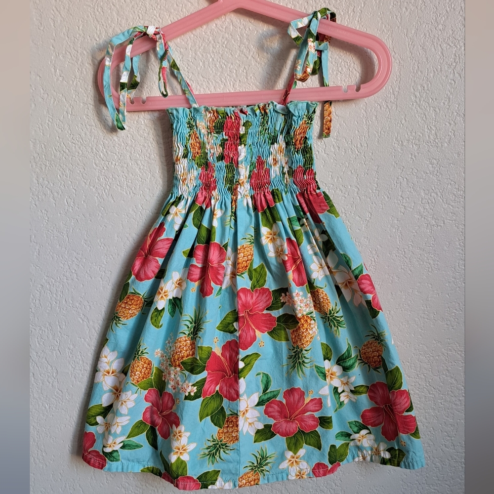 Girls Blue Pink Floral Hawaiian Print Smocked Dress Size 3-4